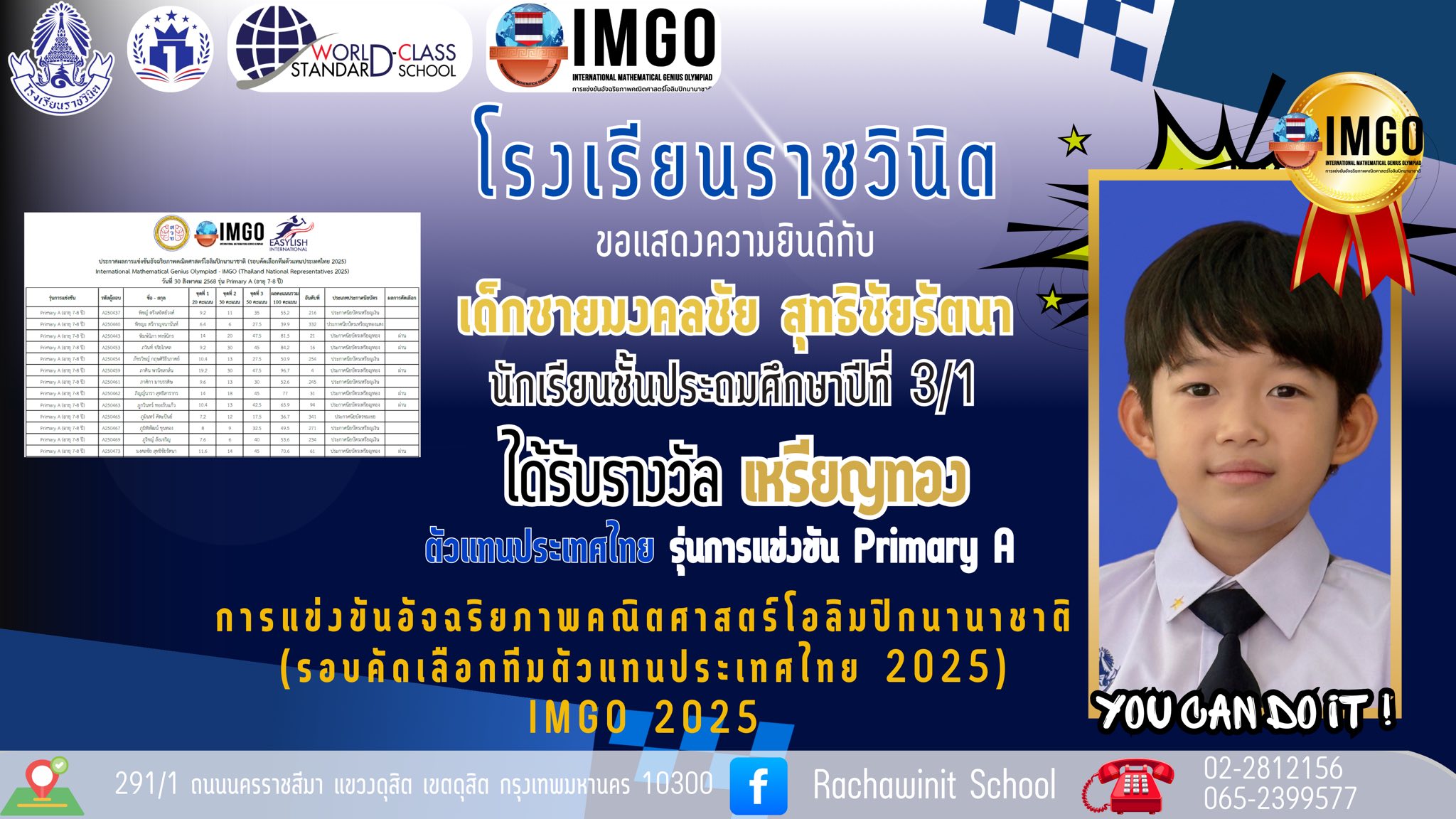 โรงเรียนราชวินิตขอแสดงความยินดีกับ นักเรียนที่ได้รับรางวัลในรุ่นการแข่งขัน Primary A การแข่งขันอัจฉริยภาพคณิตศาสตร์โอลิมปิกนานาชาติ (รอบคัดเลือกทีมตัวแทนประเทศไทย 2025) IMGO 2025